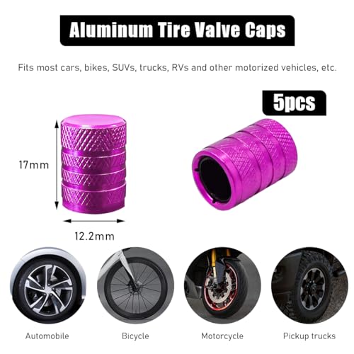 povtii 5 PCS Car Tire Valve Stem Caps, Aluminum Auto Wheel Stem Cover with O Seal, Corrosion Resistant Vehicle Tire Air Caps for Truck Motorcycle Bike, Universal Car Accessories (Purple)
