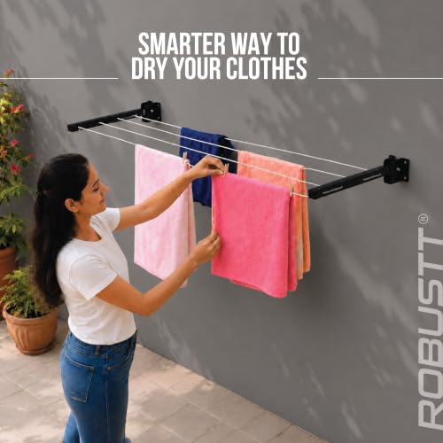 Image of Robustt Wall Mounted Clothes Drying Stand | 55 Ft Drying Space | Heavy-Duty Foldable Powder Coated Metal Arms Cloth Dryer Rack | Space Saving Laundry Hanger for Balcony, Bathroom, Terrace | Black