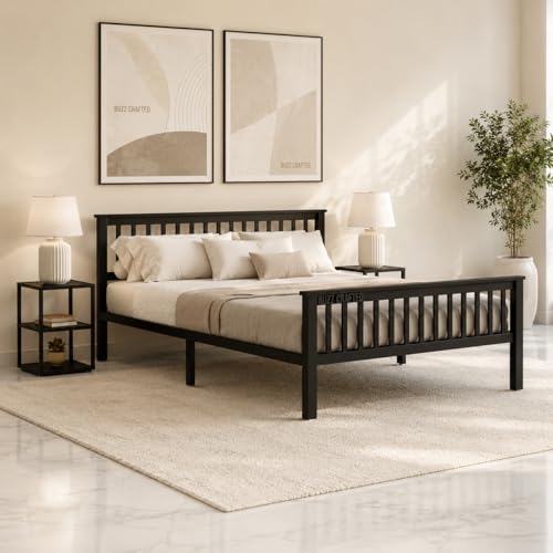 Image of Queen Size Metal Bed Frame Without Storage | Queensize Metal Bed | Queen Iron Bed | Queen Steel Bed | Heavy Duty Platform Bed | Double Bed Cot | Steel Slats | Noise Free | No Box Spring Needed | Black