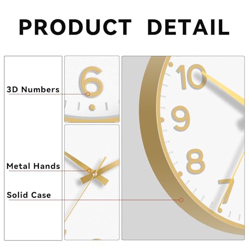 Image of Roymnie Wall Clock, 10 Inch Silent Wall Clocks Battery Operated-Modern Non Ticking Analog Clock Decorative for Kitchen Bedroom Office Bathroom(White Gold)