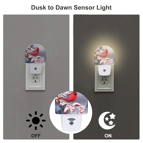 Image of Winter Red Cardinal Bird Night Light for Kids,Christmas Pine Tree Snow Cardinal Night Light Plug in with Dusk to Dawn Sensor,0.5w Energy Saving Nightlight for Hallway Stairway Kitchen Bedroom