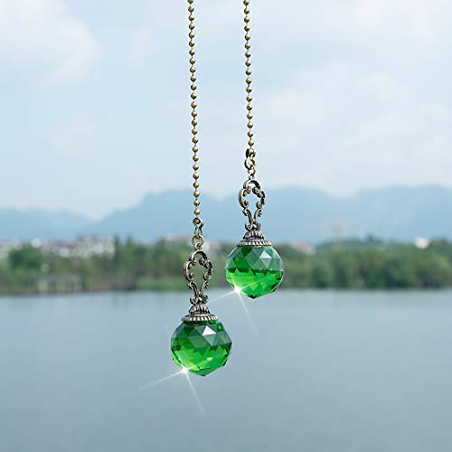 Image of Set of 2 Vintage-Style Green Fan Pull Ceiling Fan Chain Pulls Crystal Prism Ball