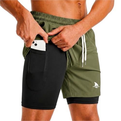 Image of Boldshark Men's 2-in-1 Running Shorts with Inner Compression Layer, Quick-Dry Sports Shorts with Phone Pocket for Gym, Running & Training