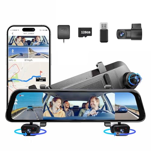 2026 12'' Mirror Dash Cam 4 Channel, Touch Screen Rear View Mirror Camera for Cars,1080Px4 Dashcam Front Rear Inside, IR Night Vision,WiFi,APP,GPS, 24/7 Recording Parking Monitor,Free 128GB SD