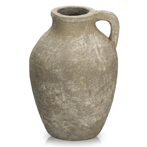 Jarrón de cerámica rústico, hecho a mano, vintage, terracota, jarrón de mesa con asas, para decoración de salón, oficina en casa, jarrón de estilo bohemio para hierba de las Pampas, decoración rústica