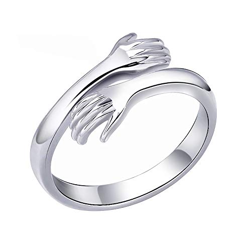 LEOBELLA 925 Sterling Silver Couple Hug Ring for Women Girls Men Silver Hugging Hands Open Ring Jewelry Hug Hands Lover Rings Wedding Bands (Size 6(for 5-7))