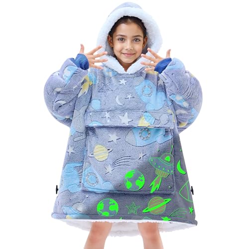 yescool Wearable Blanket Hoodie Kids Glow in the Dark, Oversized Blanket Sweatshirt with Sherpa Teen Girl Gifts for Kids,Girls, 8-15 Year Old Girl Boy Gift Warm Wearable Blankets, One Size, Universe