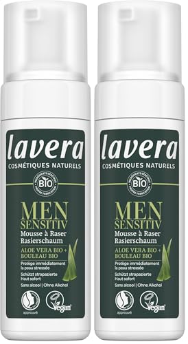 lavera Men sensitiv Mousse à raser - protège immédiatement la peau stressée - soin doux - sans alcool - soins pour hommes - vegan - 150 ml (Lot de 2)