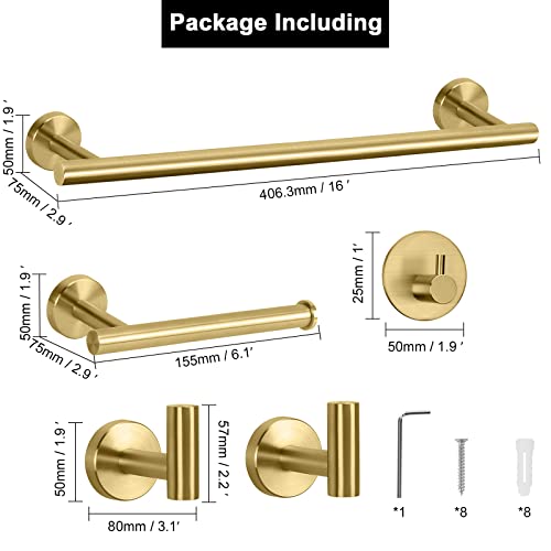 Nearmoon 5 Pcs Bathroom Hardware Set Sus304 Thicken Stainless Steel-Towel Bar Set Include 16" Towel Rod+Toilet Paper Holder+3 Multifunctional Hooks Bathroom Accessories (Brushed Gold) #TOP3