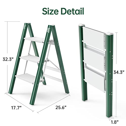 Foldable Step Ladder 3 Stepping Stool-Aluminium Kitchen Step Stools,Folding 330Lbs Lightweight Ladders With Anti-Slip Wide Pedal,Portable Kids/Adults Small Ladder For Library,Closet,Green White #TOP5