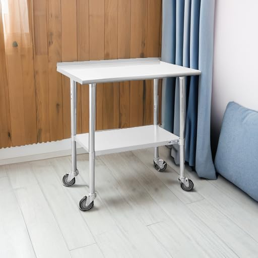 Hally Stainless Steel Table for Prep & Work 24 x 36 Inches with Caster Wheels, NSF Commercial Heavy Duty Table with Undershelf and Backsplash for Restaurant, Home and Hotel With Backsplash and Casters 24''x36''