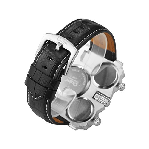Oulm Sport Military Quartz Multi-Time Zones White Dial Mens Black Leather Band Wrist Watch #TOP2