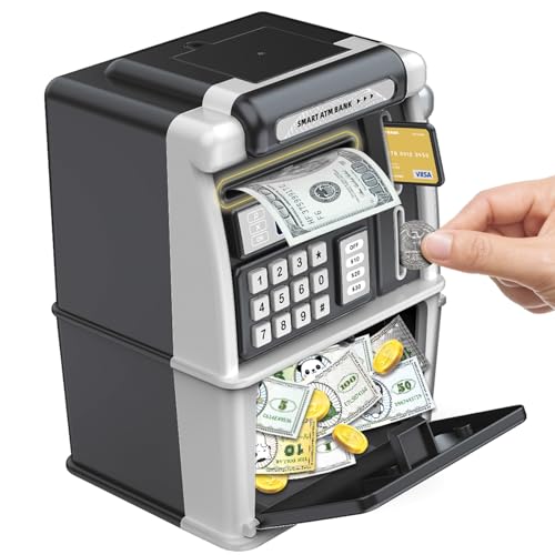 ATM Piggy Bank for Kids Age 3-10, Electronic Money Safe with Code and Card, Electric Mini Savings Box for Real Money Coins, Birthday Gift for 3 4 5 6 7 8 9 10 Year Old Boys Girls