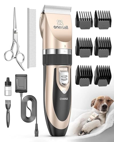 oneisall Dog Clipper Low Noise, Dog Grooming Kit with Rechargeable, Pet Shaver Cordless Electric Quiet Hair Clipper Set for Dogs Cats Pets（Gold）
