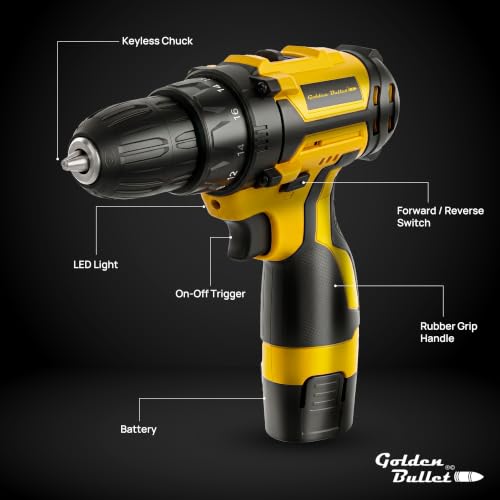 Image of Golden Bullet GCD-12B 12V Cordless Drill & Screwdriver | 2-Speed 350 /1350 RPM | 28Nm Max Torque | 10mm Keyless Chuck | 1x 1.5Ah Battery with Charger