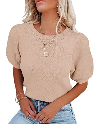 Image of Womens Short Sleeve Sweaters Crewneck Knit Pullover Tops 2025 Summer Casual Lightweight Crochet Blouse Shirt
