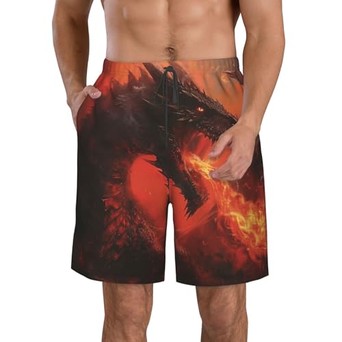 Black Dragon Breathing Fire Fantasy Dark Red Men's Quick Dry Swim Shorts, Mesh Lined Beach Trunks with Pockets4