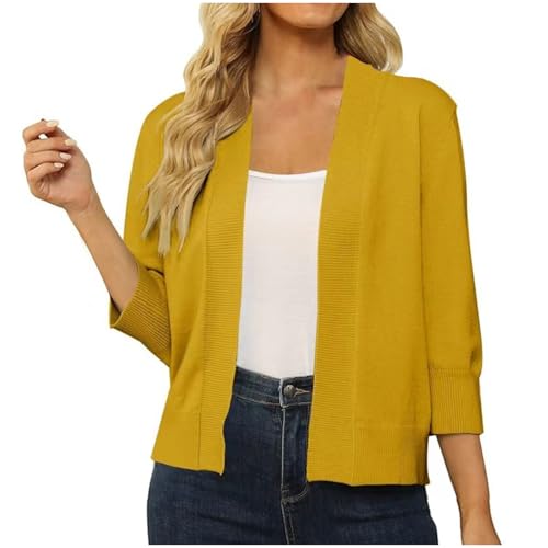 Cárdigan ligero para mujer, manga 3/4, frente abierto, suéter de punto holgado, ligero, casual, holgado, para vestido de noche o boda, Amarillo 3, M
