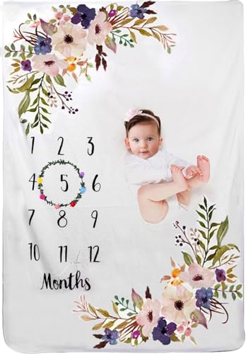 Image of Baby Monthly Milestone Blanket for Boy Girl Soft Floral Memory Blanket Newborn Growth Chart Milestone Blanket Cute Photo Background Blanket with Wreath (51x40In)