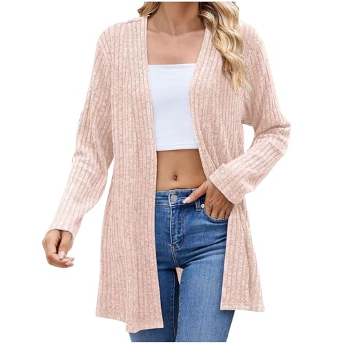 Women's Mid-Length Cardigan Tops Button Open Front Long Sleeves Brushed Striped Shirts Outerwear Coats with Pocket