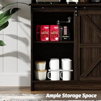 4ever2buy Farmhouse Coffee Bar Cabinet with 8 Hooks, 55” Kitchen Hutch Cabinet with Storage, Gray Coffee Bar with Sliding Barn Doors and 12 Racks for Living Dining Room, Dark Oak