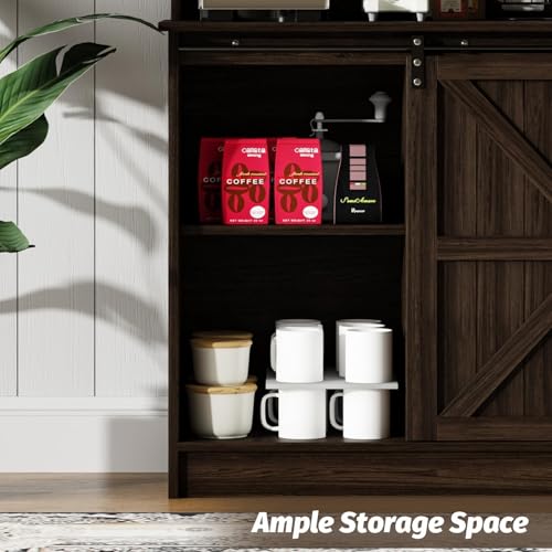 4ever2buy Farmhouse Coffee Bar Cabinet with 8 Hooks, 55” Kitchen Hutch Cabinet with Storage, Gray Coffee Bar with Sliding Barn Doors and 12 Racks for Living Dining Room, Dark Oak