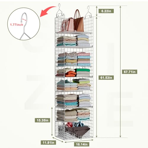 Image of X-cosrack 8-Tier Closet Hanging Organizer Shelf - Hanging Clothes Organizer Shelves, Metal & Foldable Hanging Closet Organizer Baskets with Adjustable Dividers for Clothing Sweaters Shoes Handbags
