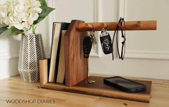 THE DECOR WOODS Mobile Stand, Books Stand Key Holder for Home Entryway Key Holder Key Desktop Storage Box Keychain Key Rack with Tray Wood Table - 4 Hooks-picture-13