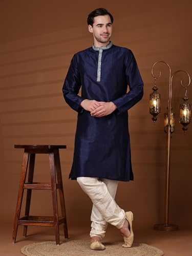 Image of SKAVIJ Men's Art Silk Embroidered Kurta Pajama Set Thread Work Ethnic Motifs Festive Party Dress