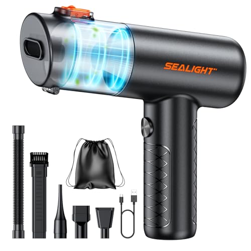SEALIGHT Aspirador de Mano 32000Pa, 4 en 1 Aspiradora de Coche con Motor Sin Escobillas, aciado Automático de un Toque Mini Aspiradora Sin Cable para Pelo de Mascotas, Coche, Hogar