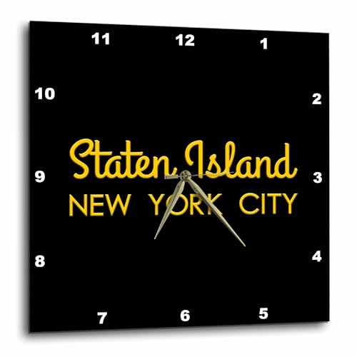 3dRose Wall Clock Silent - 13 inch - Staten Island, New York City Borough. Patriot Home Town Gift, Charm - Alexis Design - American Cities Yellow on Black