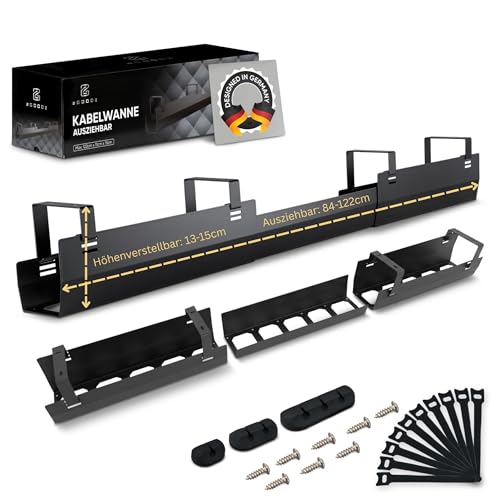 2GOODz - Kabelwanne für Schreibtische - Kabelkanal ausziehbar 84 bis 122 cm - Effizientes Kabelmanagement - Komplett Set mit Gratis Zubehör - Einfache Montage - Schwarz