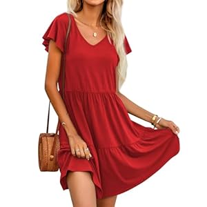 Hotouch Damen Kleider Freizeit Einfarbig Sommerkleid V-Ausschnitt Rüschen Knielanges Kleid Lose Kurzarm Strandkleid A-Linie Gestuftes Kleider mit Tasche S-XXL