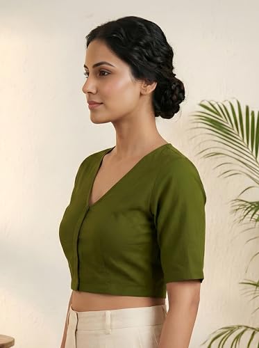 Image of Yash Gallery Women's Stretchable Rayon Lycra V-Neck Short Sleeve Front Open with Hook Stylish Crop Blouse Top for Ethnic Beige Designer Festive Choli Blouse