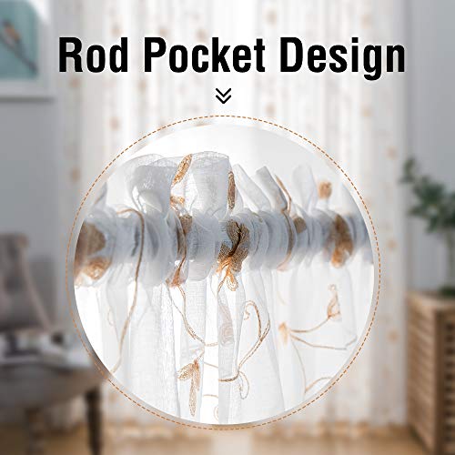 Floral Embroidery Gold Sheer Curtains 84 Inches Long, Rod Pocket Sheer Drapes For Living Room, Bedroom, 2 Panels, 52"X84", Semi Crinkle Voile Window Treatments For Yard, Patio, Villa, Parlor. #TOP3