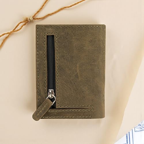 Image of The X Project Vaulton Trifold Wallet | Genuine Leather | Aluminium Cardholder | Side Slide Pop-Up Card Ejector | Carry Up to 6 Cards and 1 Slot for Carrying Cash & Folded Bills (Greenish Brown)