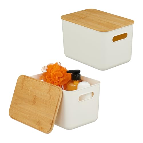 Relaxdays Caja de Almacenamiento, Set de 2, Tapa, Plástico, Bambú, Asa, 16 x 26 x 17,5 cm, Organizador, Blanco/Natural