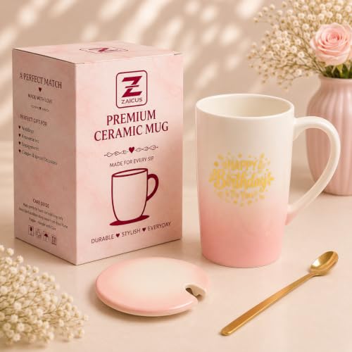 Image of ZAICUS Happy Birthday Coffee Mug with Lid & Spoon, Ceramic Cup for Women | Suitable for Hot & Cold Beverages | Ideal Birthday Gift | Elegant Pink Gradient Finish