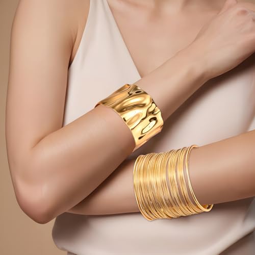 Gold Chunky Cuff Bangle Bracelets for Women, 3Pcs Irregular Big Gold Arm Bracelets Set Adjustable Wide Bangle, Minimalist Statement Punk Jewelry, Arm Cuff Upper Jewelry for Casual or Party Wear4