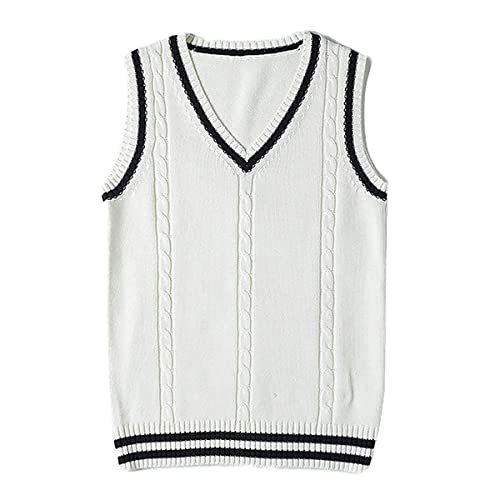 jinghuiyue Women’s V Neck Sweater Vest School Uniform Cable Knit Sleeveless Sweaters Pullover Tank Tops(Stripe White-S)