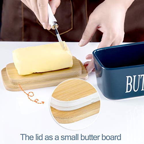 Hasense Butter Dish With Bamboo Lid And Knife, Large Butter Keeper Container For Counter, Airtight Butter Holder With Cover For Kitchen, Blue #TOP3