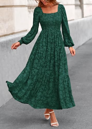 KIRUNDO Wedding Guest Dresses for Women 2026 Fall Long Sleeve Smocked Floral Flowy Spring Baby Shower Maxi Dress Pockets (Emerald Green, XX-Large) — view 3