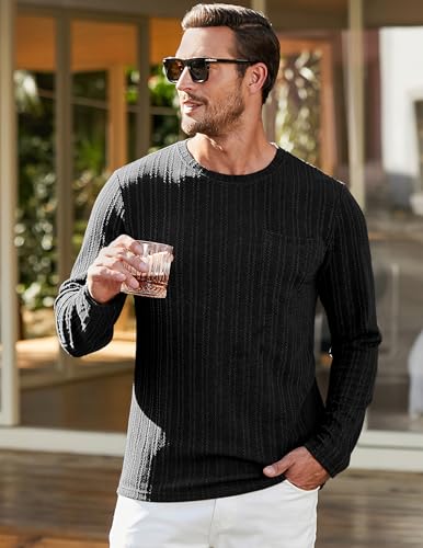 JMIERR Men's Long Sleeve Shirts Casual Crewneck Pullover T-Shirt Stretch Textured Knit Tee with Pocket2