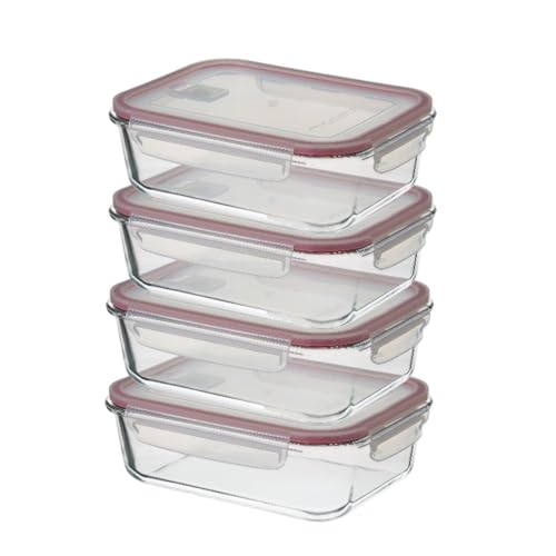 CASASELECCION 4 Tuppers de Cristal Hermético con Tapa y válvula de ventilación de 1500 ml para Comida, Recipiente de Vidrio, Uso Apto en Horno/Microondas/Lavavajillas/Congelador, Sin BPA