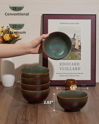 Image of 5.5 inch Stoneware Cereal Bowls Set of 6, 22 Oz Soup Bowls Set | Reactive Glaze Cereal Bowls Set for Cereal Soup Snacks, Kitchen Bowls for Meal, Dishwasher & Microwave Safe, Brown and Green