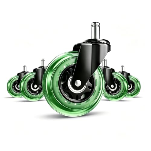 Image of 3 Inch Office Chair Wheels, Set of 5 (Green) | Heavy Duty Replacement Casters for Hardwood Floor & Carpet, Smooth Quiet Roll, Universal 11mm Stem, Non-Marking PU Wheels