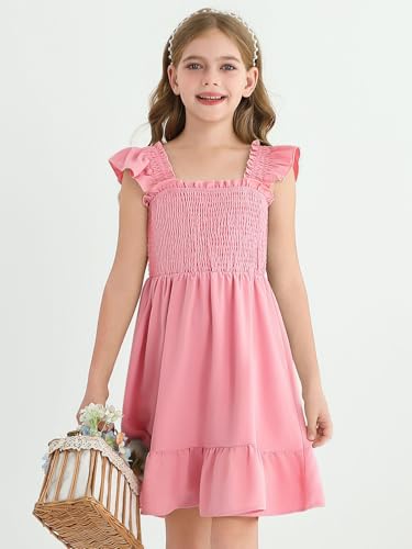Haloumoning Girls Summer Smocked Dresses Cute Teen Ruffle Sleeveless Sundress 7-14 Years2