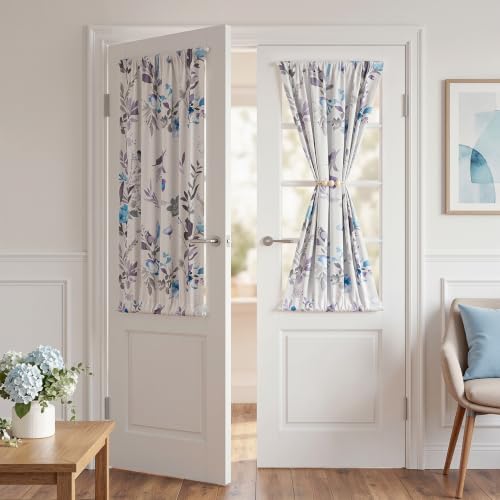 Image of MYSKY HOME Floral French Door Curtains 40 inch Long Set of 2 Blackout Privacy Sidelight Door Window Drapes with Rod Pocket, Blue, 24 inch W Each Panel