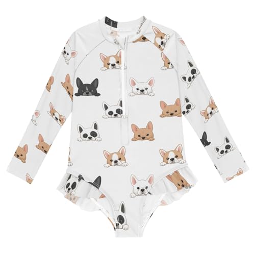 Puppy Face Dog Pattern Girls Long Sleeve Swimsuit Rash Guard One Piece Bathing Suits Zipper 3-12T