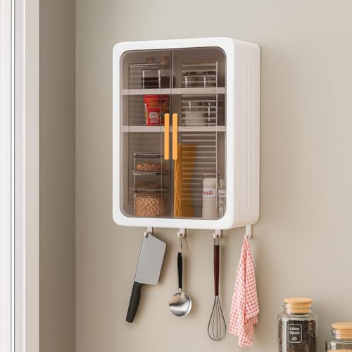 Biltoxi Wall Mounted Multipurpose Storage Cabinet with Transparent Doors, Bathroom Toiletry Shelf, Spice Rack with Hooks for Home, Kitchen & Bathroom (White)